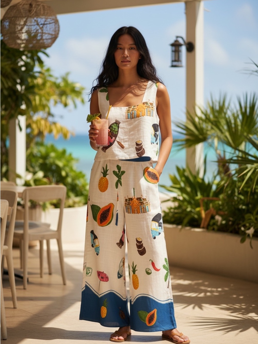 No Boundaries White Tropical Print Girls' Dress with Blue Hem